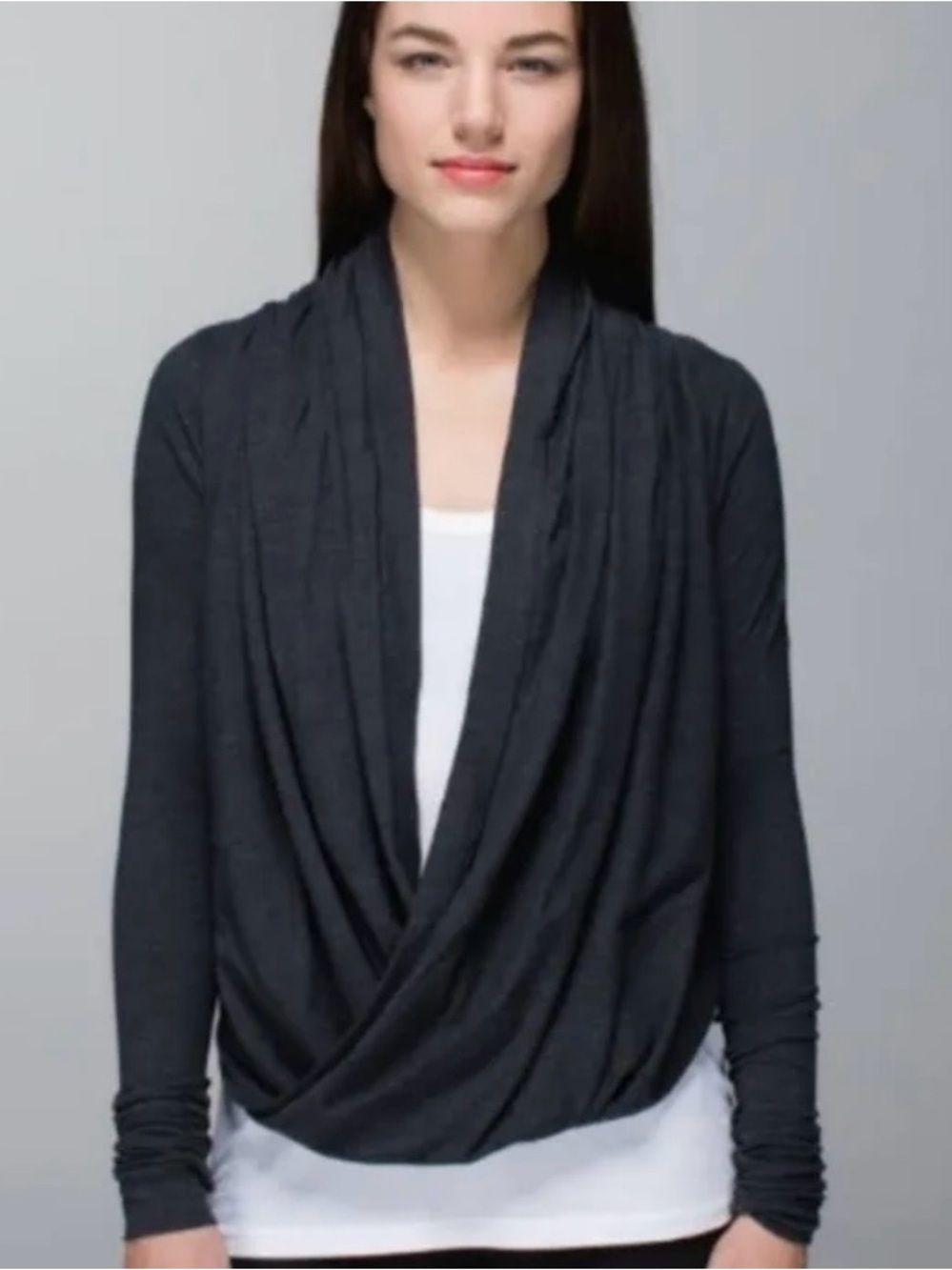 Draped Open Front Long Sleeve Top - black